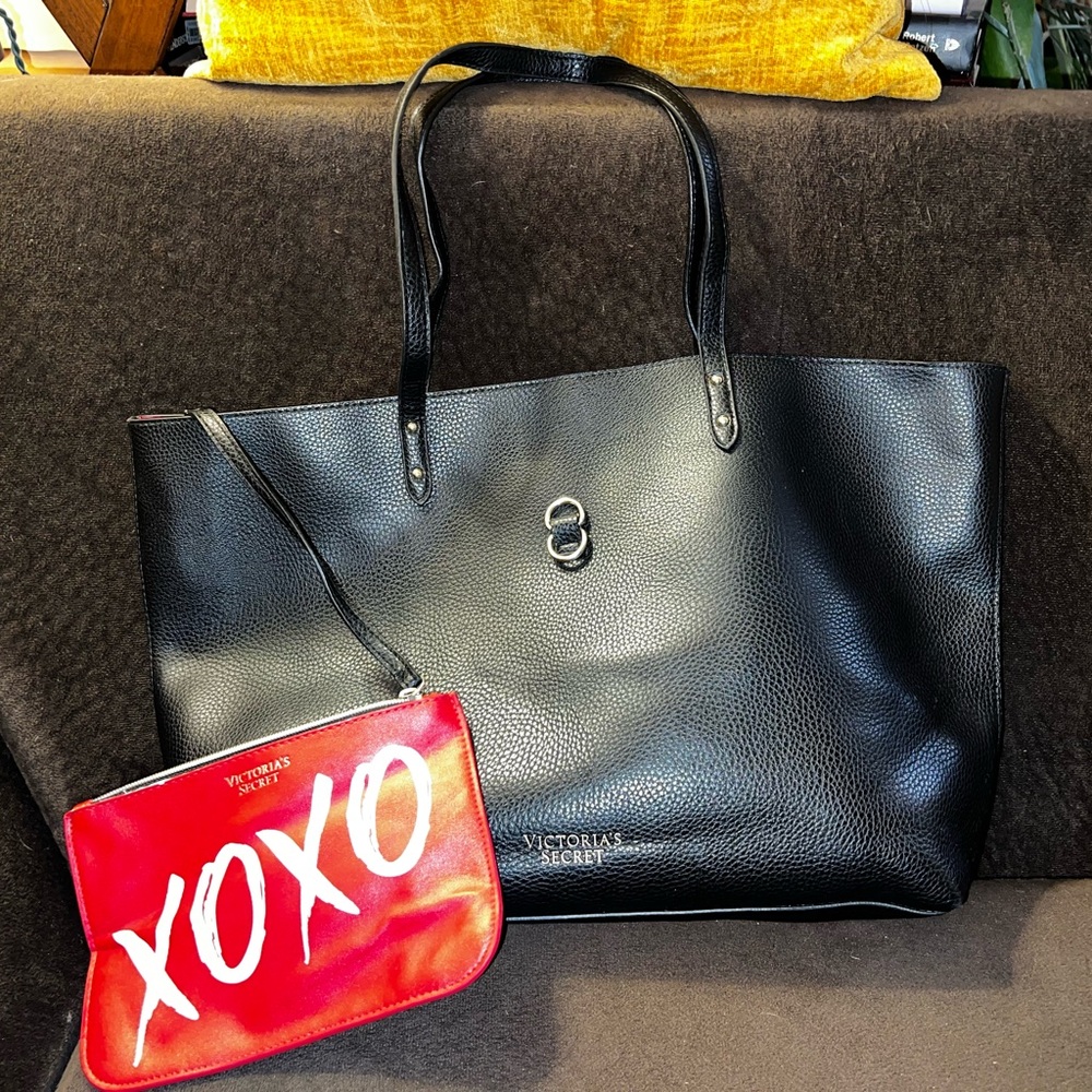 Victoria's Secret Black Pebbled Tote with Red XOXO Wristlet - NWOT